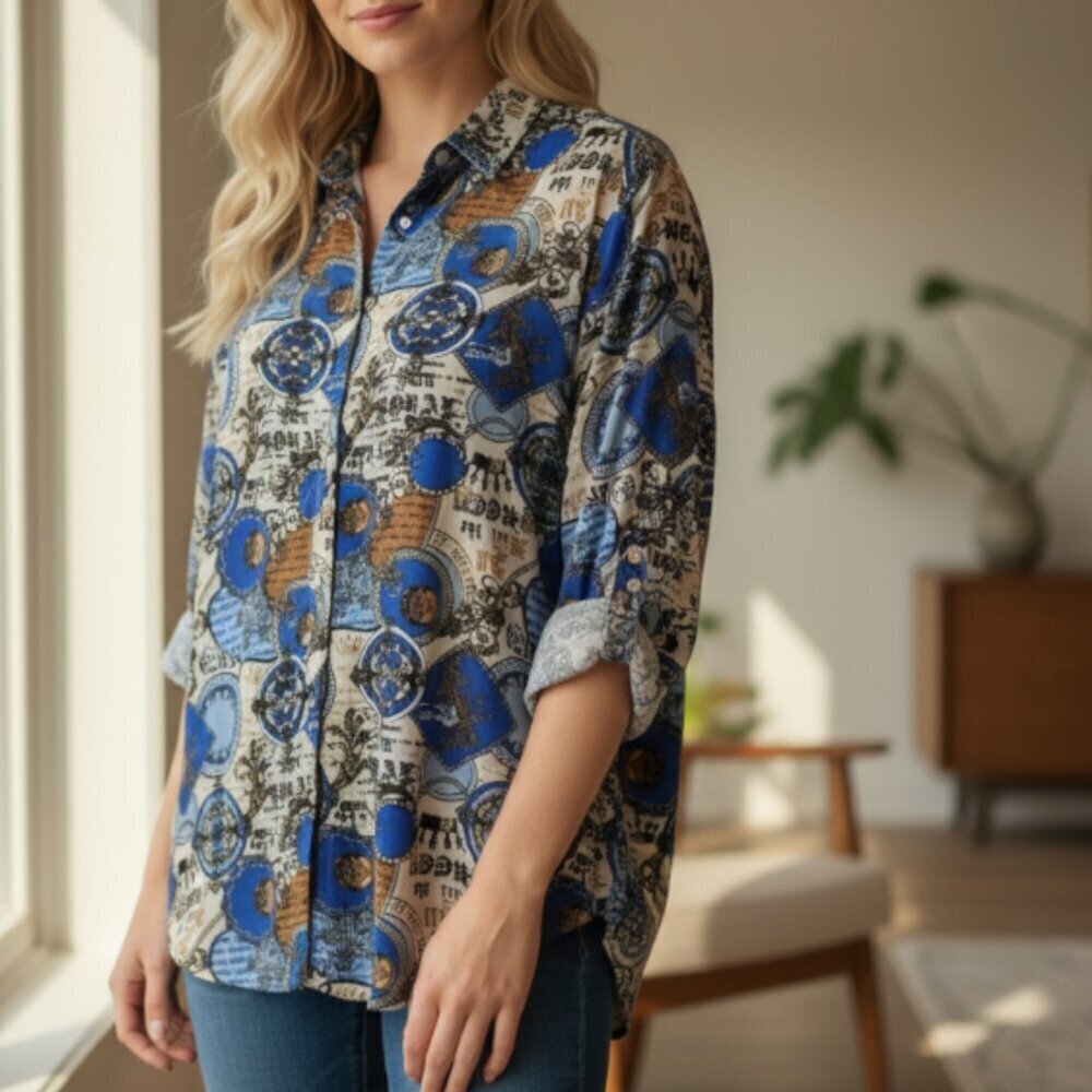 Printed Button Up Shirt Born Royal Blue Tab Sleeves Long Sleeve Medium Printed